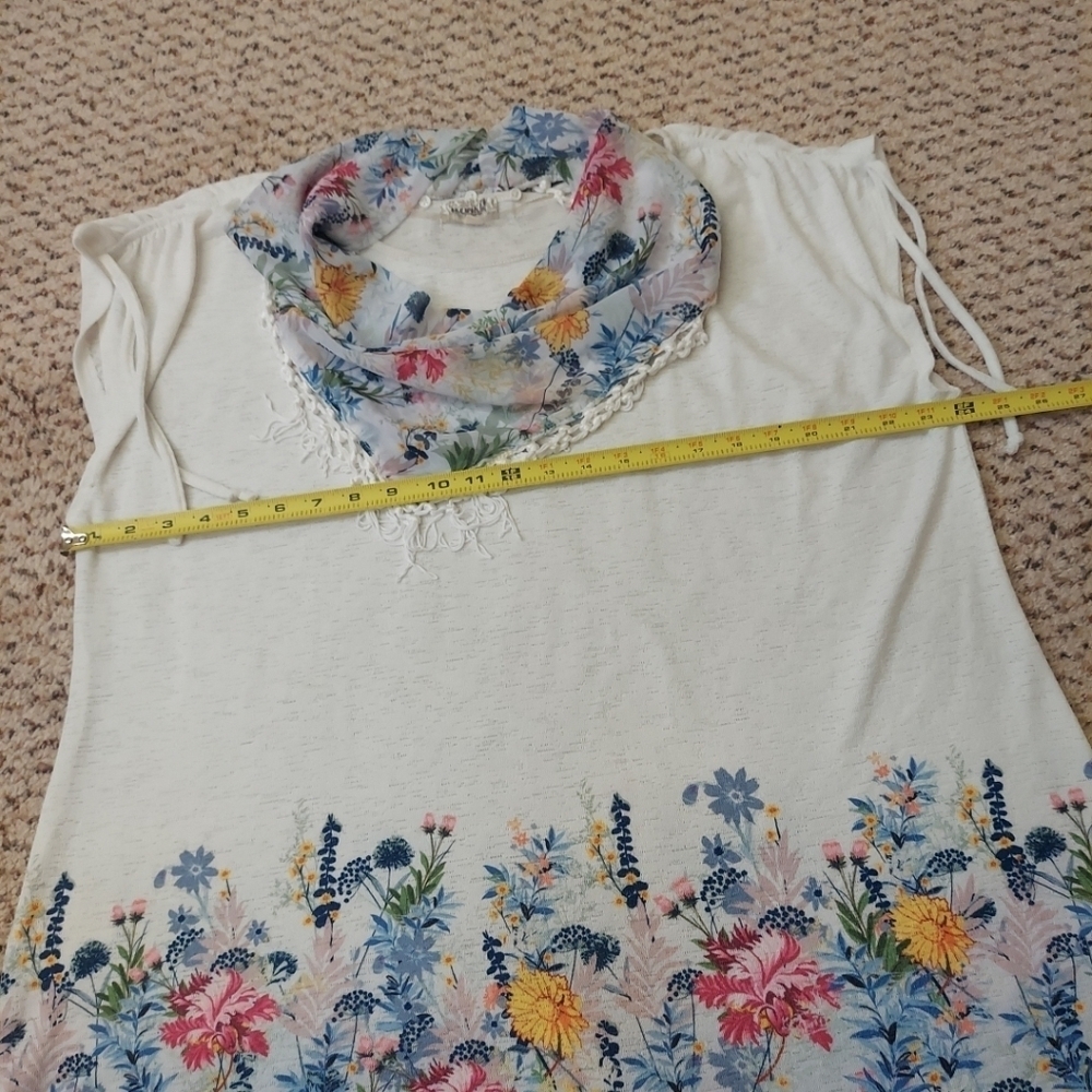 One World Live and Let Live Floral Shirt w Scarf XXL Blouse NWOT - Picture 6 of 11